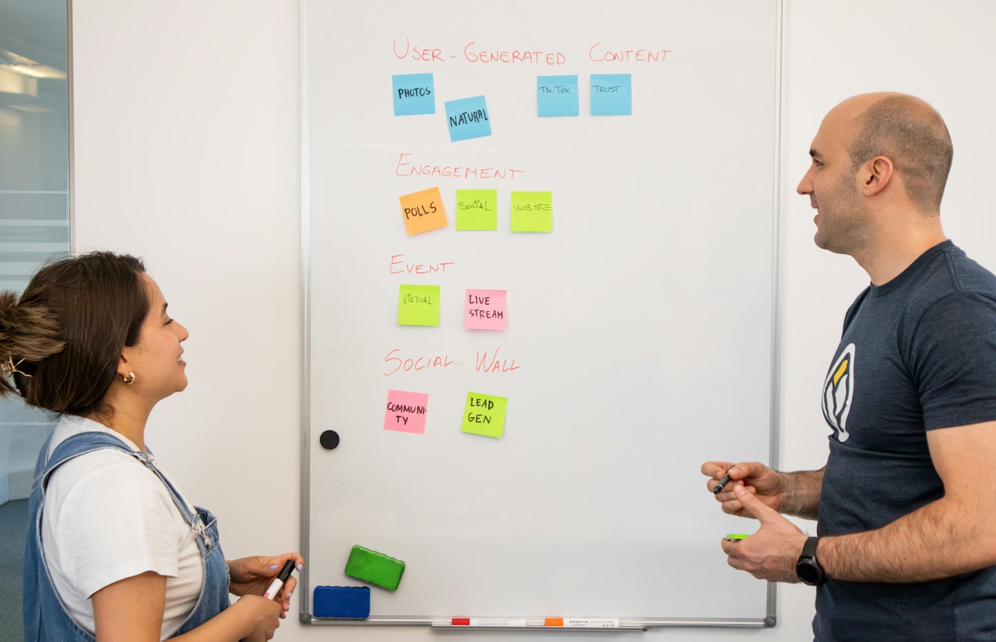 Profesionales de negocios intercambiando ideas en una pizarra.